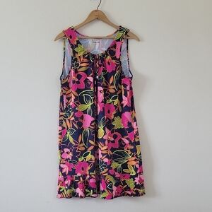 Lands' End Navy Pink Tropical Floral Sleeveless Dress Size Large 14/16